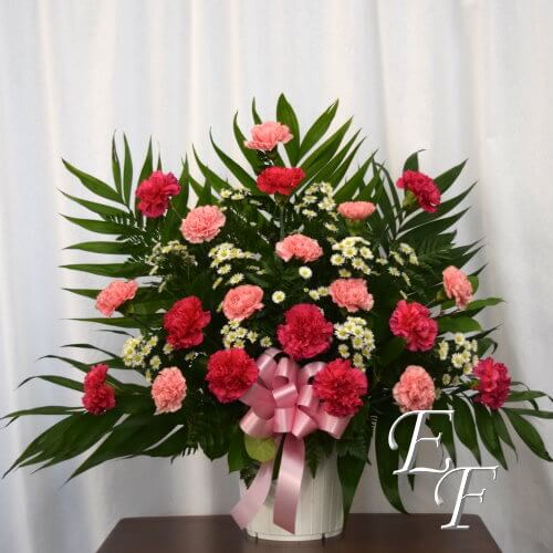 This basket features 20 standard carnations and September Flower arranged with assorted greens.