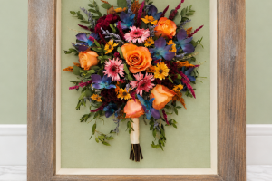 Orange Rose & Wildflower Bouqet Wood Frame