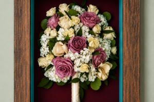 Pink & White Bouqet Dark Wood Frame